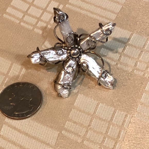 Huge Biwa Pearl Sterling Silver Flower Cocktail Ring  / Israeli Artist - sz 7